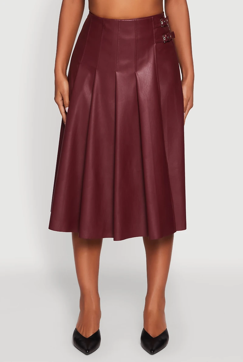 Womens Faux Leather Buckle Detail Midi Pleated Skirt, Burgundy,