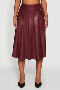 Womens Faux Leather Buckle Detail Midi Pleated Skirt, Burgundy,