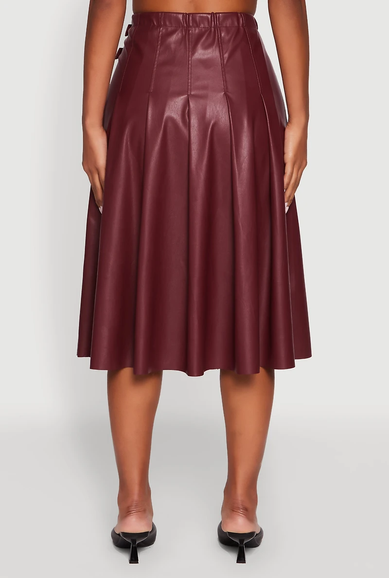Womens Faux Leather Buckle Detail Midi Pleated Skirt, Burgundy,