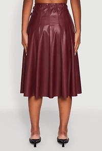 Womens Faux Leather Buckle Detail Midi Pleated Skirt, Burgundy,