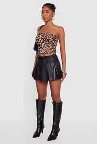 High Waisted Pleated Faux Leather Skort with Belt