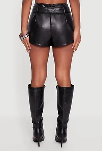 High Waisted Pleated Faux Leather Skort with Belt