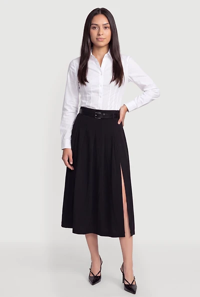 Belted Pleated Midi Skirt with Side Slit