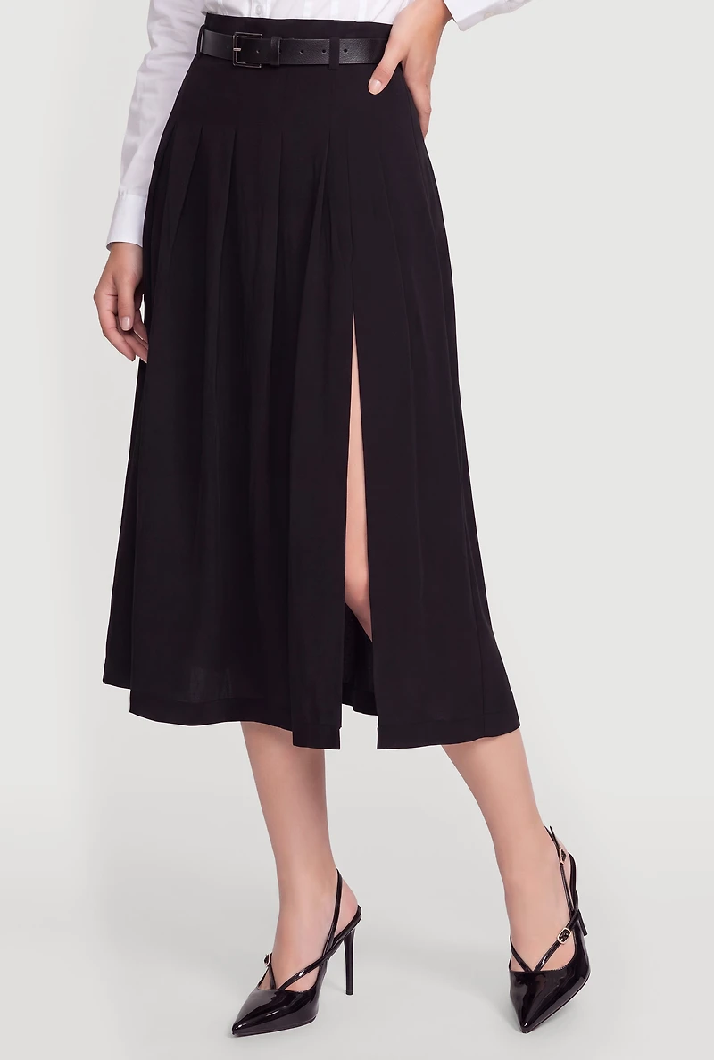 Belted Pleated Midi Skirt with Side Slit