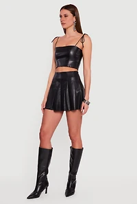 Faux Leather High Waisted Pleated Skort
