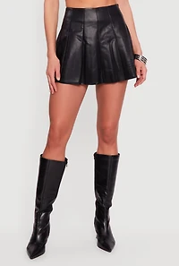 Faux Leather High Waisted Pleated Skort