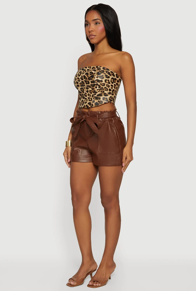 Faux Leather Tie Waist Belted Paper Bag Shorts