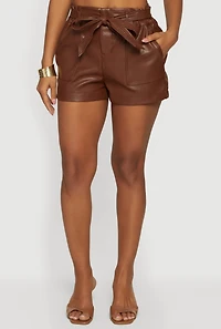 Faux Leather Tie Waist Belted Paper Bag Shorts