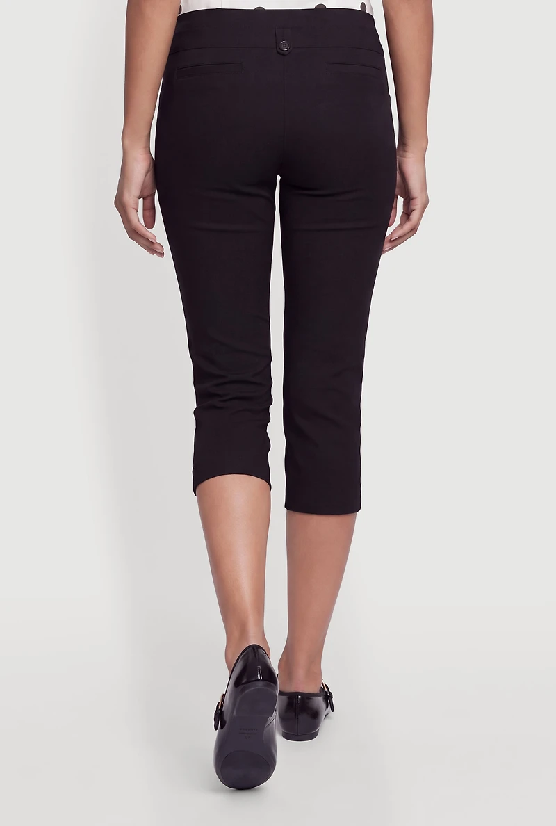 Stretchy Mid Rise Capris Pants with Faux Pockets