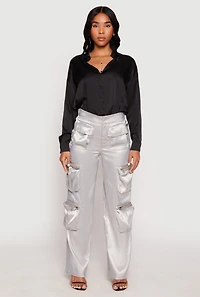 Womens Satin Zip Cargo Pants, Grey, Size M