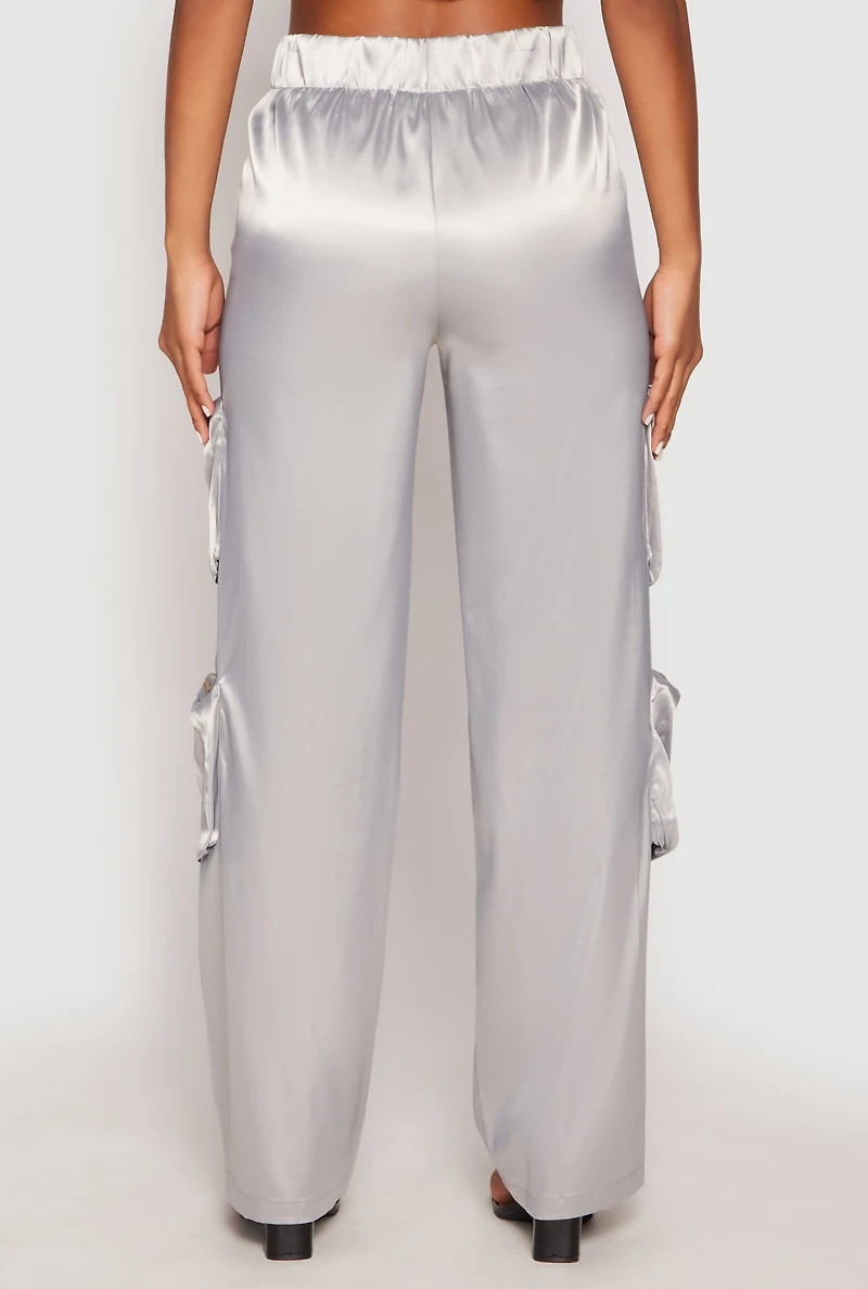 Womens Satin Zip Cargo Pants, Grey, Size S