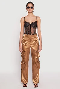 Womens Satin Zip Cargo Pants, Brown, Size L