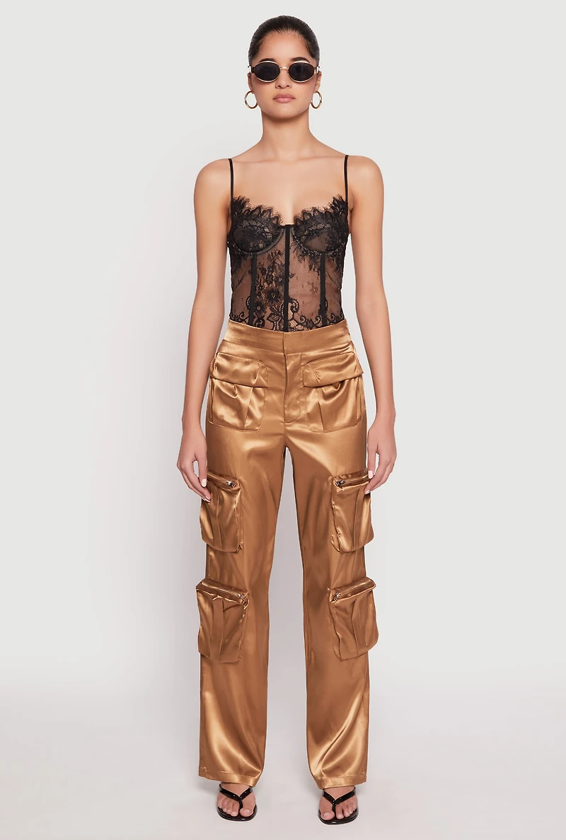 Womens Satin Zip Cargo Pants, Brown, Size M
