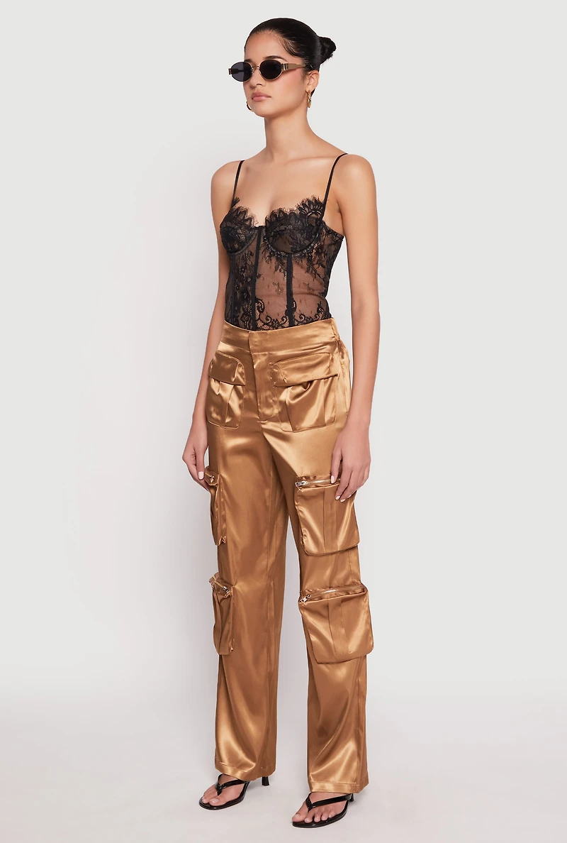 Womens Satin Zip Cargo Pants, Brown, Size L