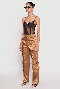 Womens Satin Zip Cargo Pants, Brown, Size L