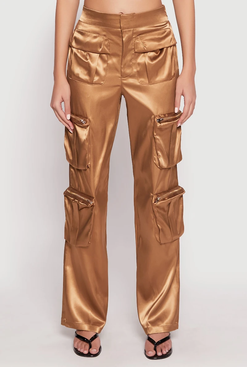 Womens Satin Zip Cargo Pants, Brown, Size L