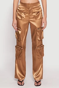 Womens Satin Zip Cargo Pants, Brown, Size L