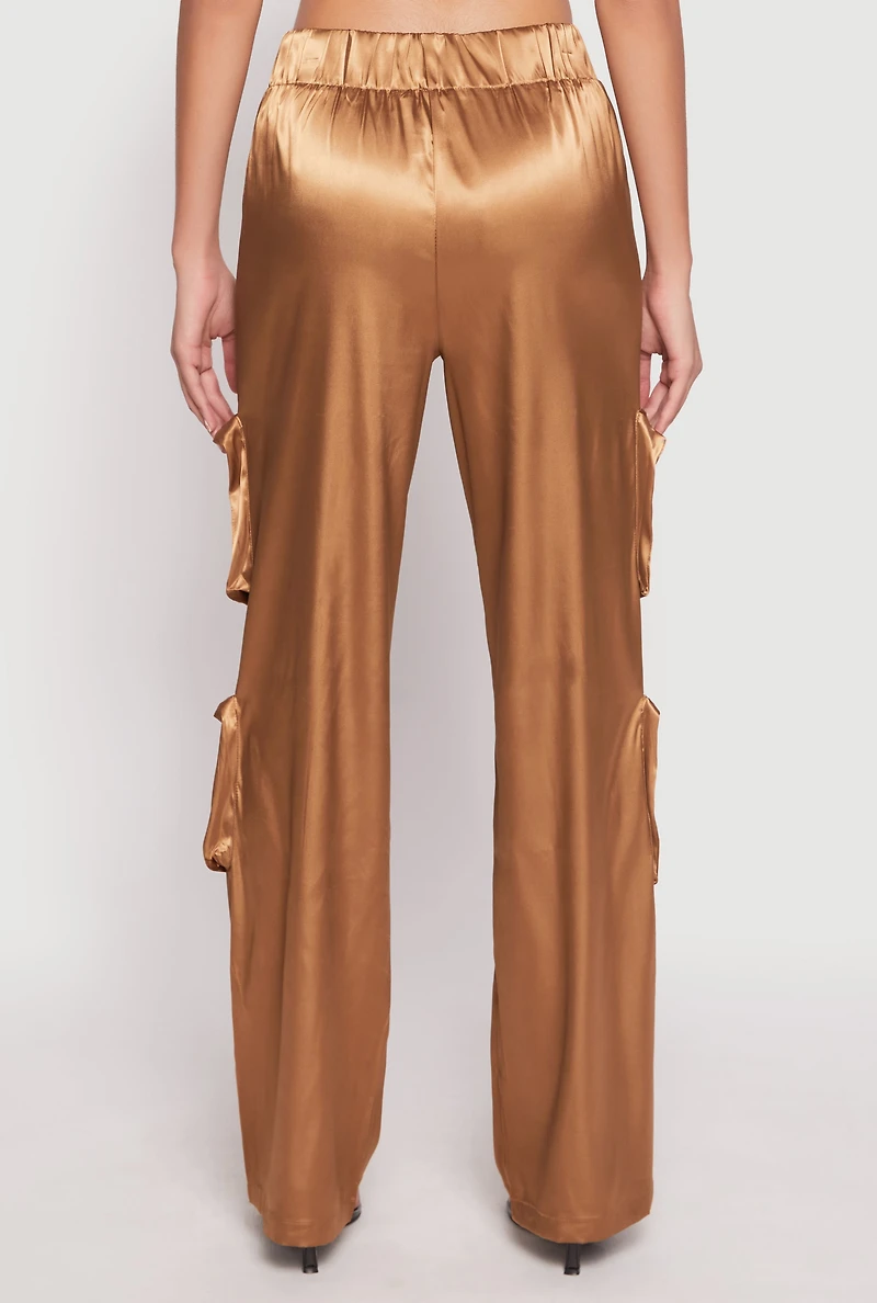 Womens Satin Zip Cargo Pants, Brown, Size L