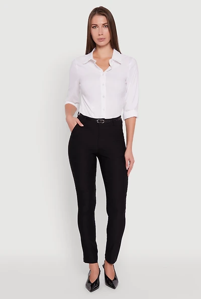 Womens Hyperstretch Skinny Leg Dress Pants with Belt, Black, Size M