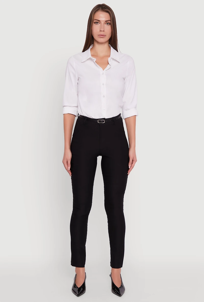 Womens Skinny Leg Solid Pants with Belt, Black, Size XL