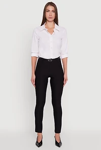 Womens Skinny Leg Solid Pants with Belt, Black,