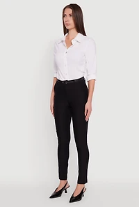 Womens Skinny Leg Solid Pants with Belt, Black, Size XL
