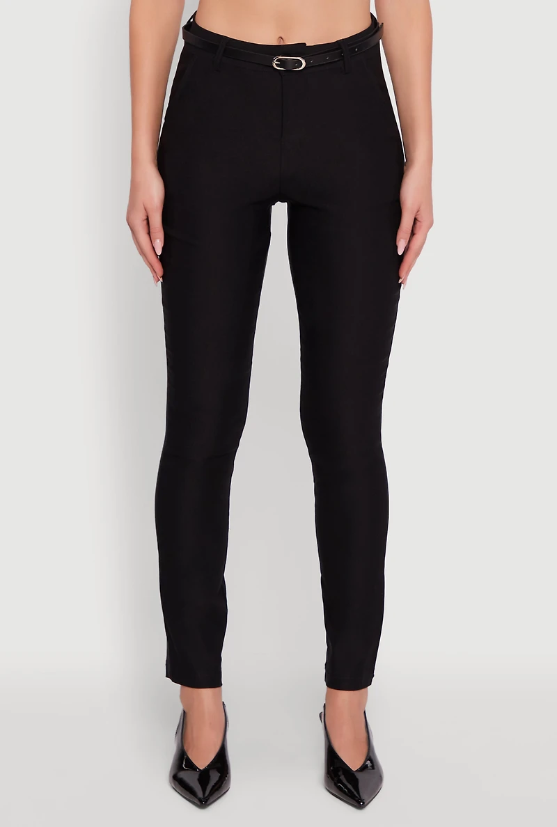 Womens Skinny Leg Solid Pants with Belt, Black, Size XL