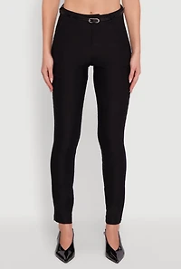 Womens Skinny Leg Solid Pants with Belt, Black, Size XL
