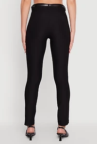 Womens Skinny Leg Solid Pants with Belt, Black, Size XL