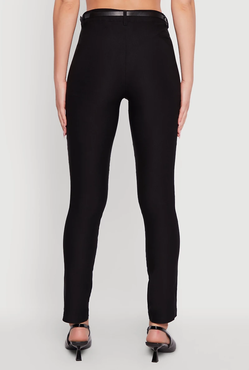 Womens Skinny Leg Solid Pants with Belt, Black,