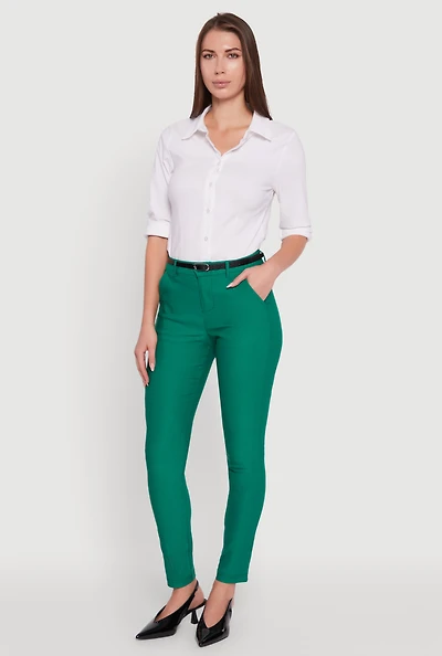 Womens Skinny Leg Solid Pants with Belt, Green, Size S