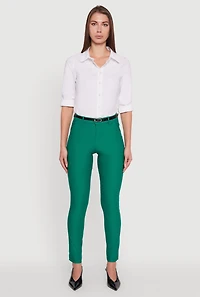 Womens Skinny Leg Solid Pants with Belt, Green, Size S