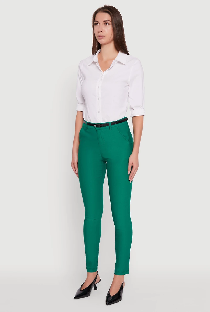 Womens Skinny Leg Solid Pants with Belt, Green, Size S