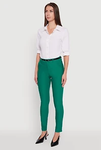 Womens Skinny Leg Solid Pants with Belt, Green, Size S