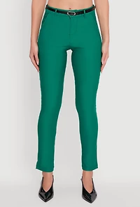 Womens Skinny Leg Solid Pants with Belt, Green, Size S