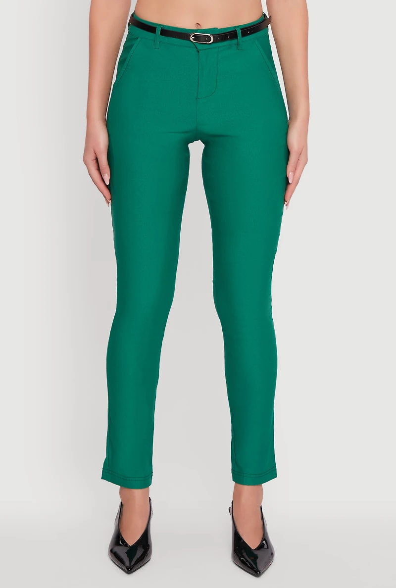 Womens Skinny Leg Solid Pants with Belt, Green, Size L