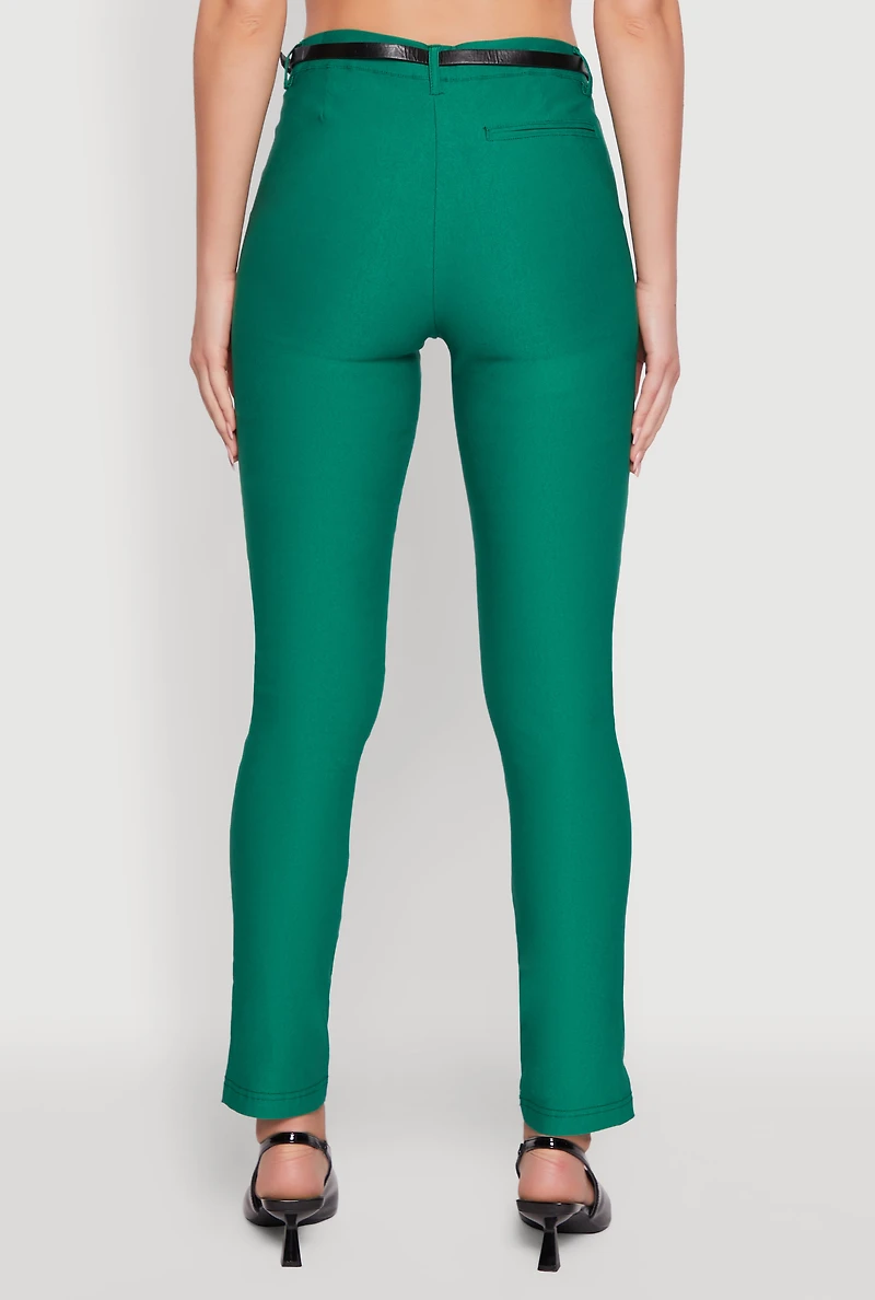 Womens Skinny Leg Solid Pants with Belt, Green, Size S