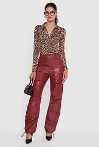 Womens Faux Leather Cargo Pocket Pants, Burgundy,