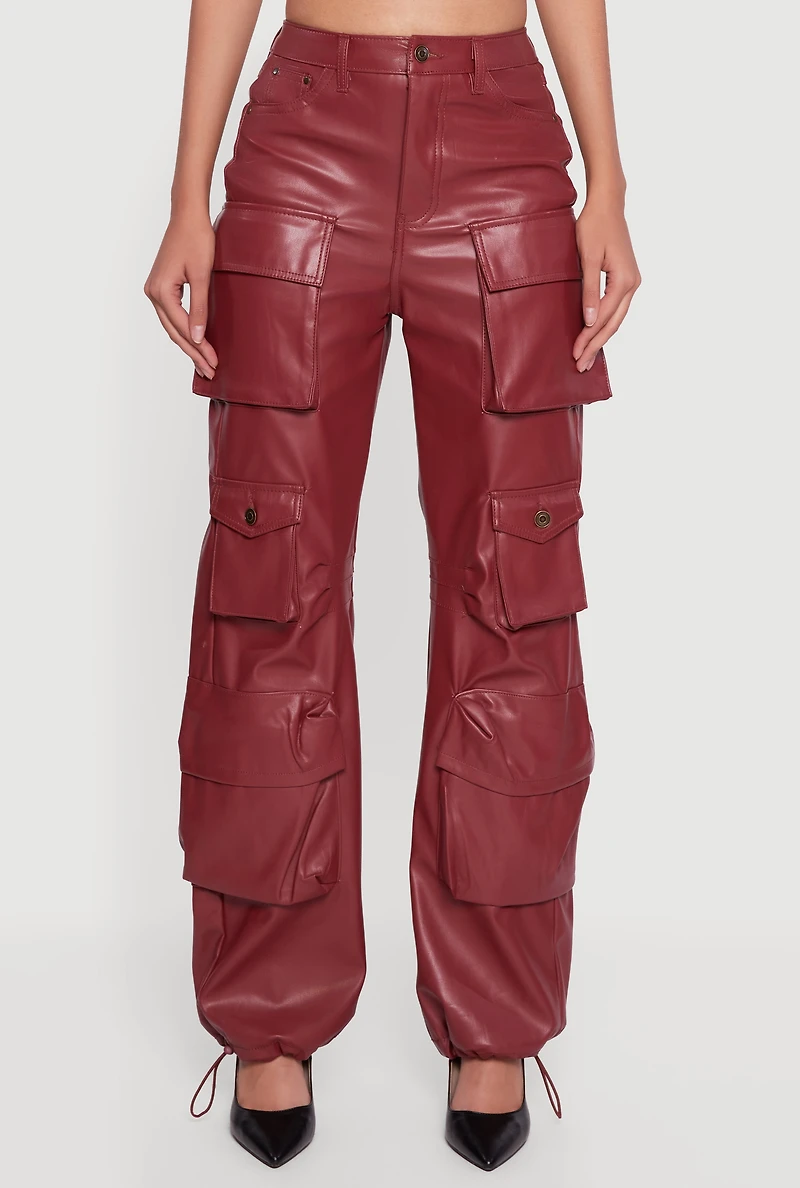 Womens Faux Leather Cargo Pocket Pants, Burgundy, Size XL