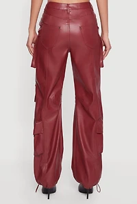 Womens Faux Leather Cargo Pocket Pants, Burgundy, Size XL