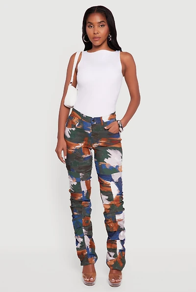 Womens Brush Stroke Patterned Stacked Straight Leg Pants, Multi, Size XL