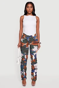 Womens Brush Stroke Patterned Stacked Straight Leg Pants, Multi, Size M