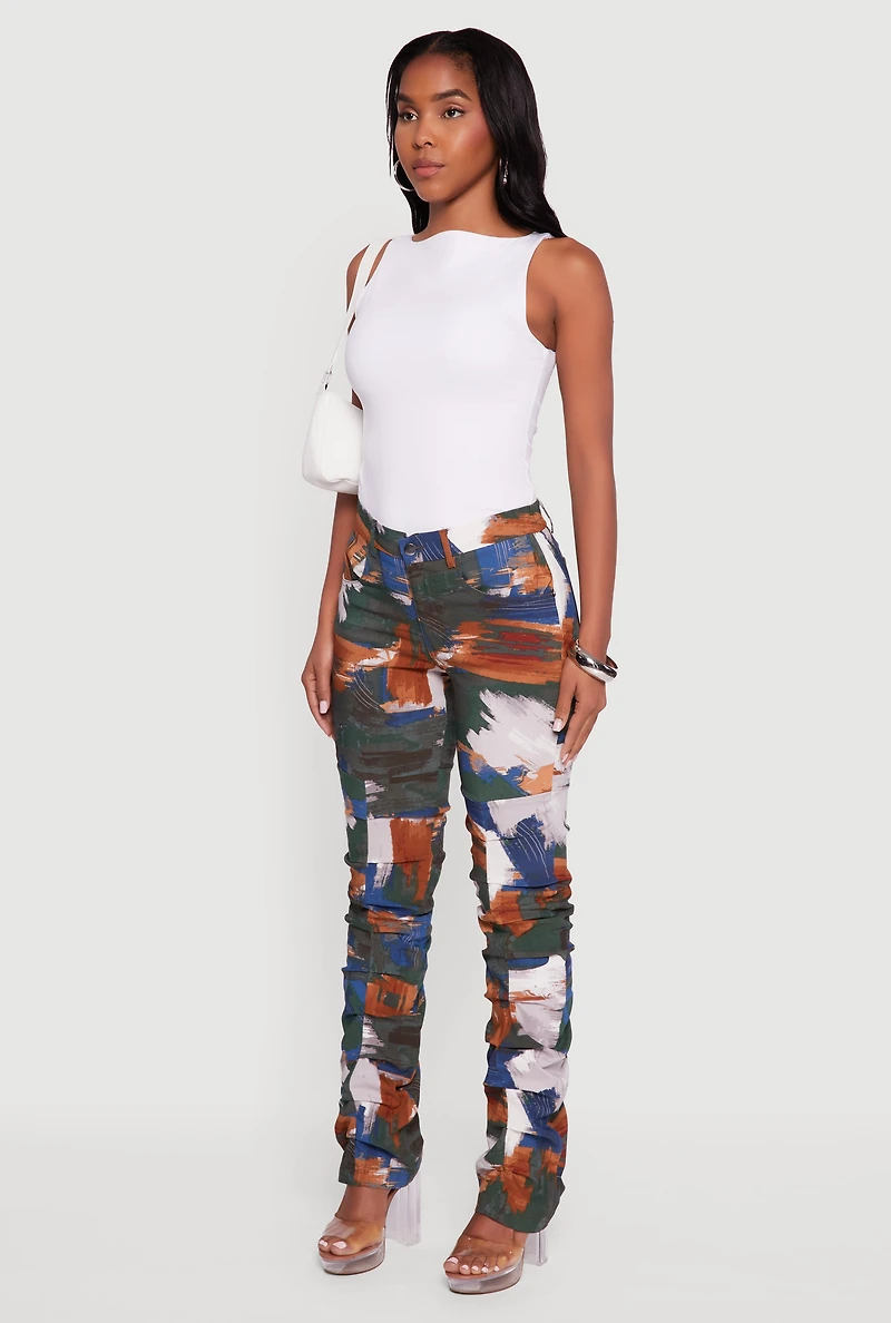 Womens Brush Stroke Patterned Stacked Straight Leg Pants, Multi, Size M