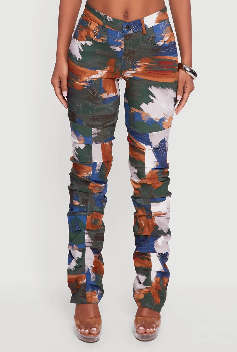 Womens Brush Stroke Patterned Stacked Straight Leg Pants, Multi, Size M