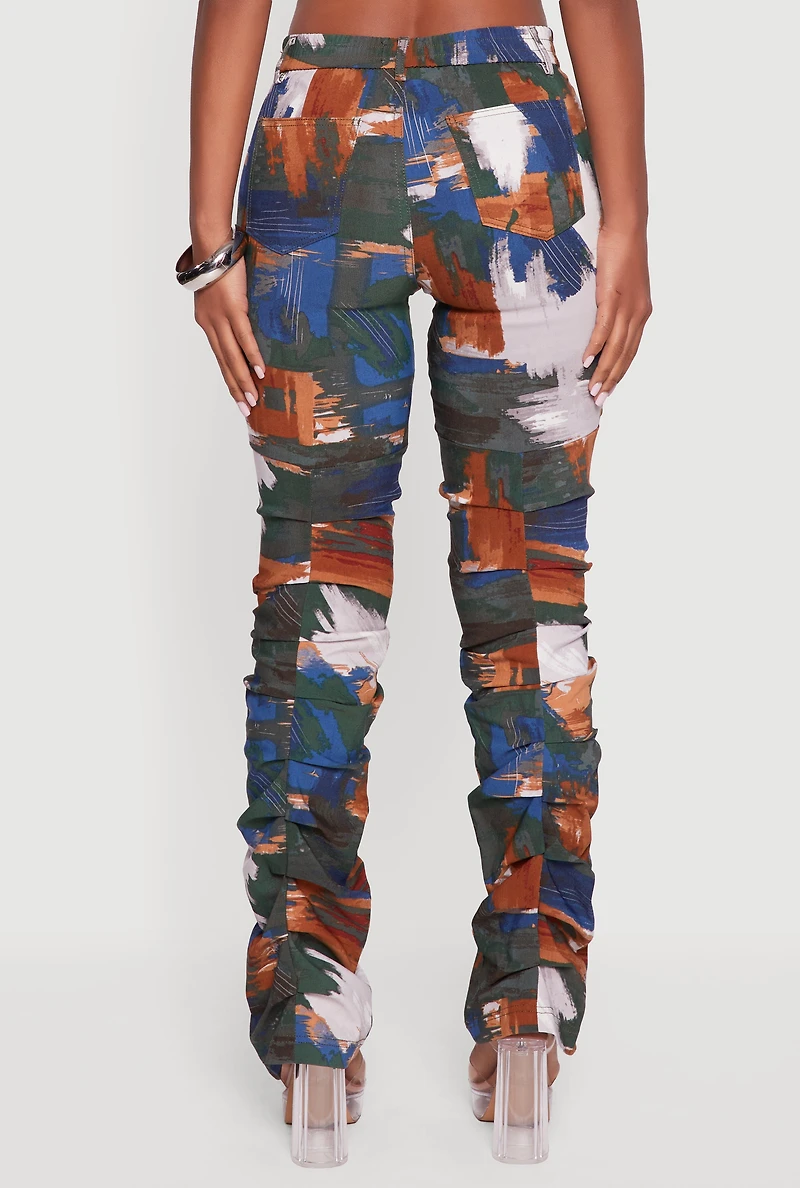 Womens Brush Stroke Patterned Stacked Straight Leg Pants, Multi, Size M