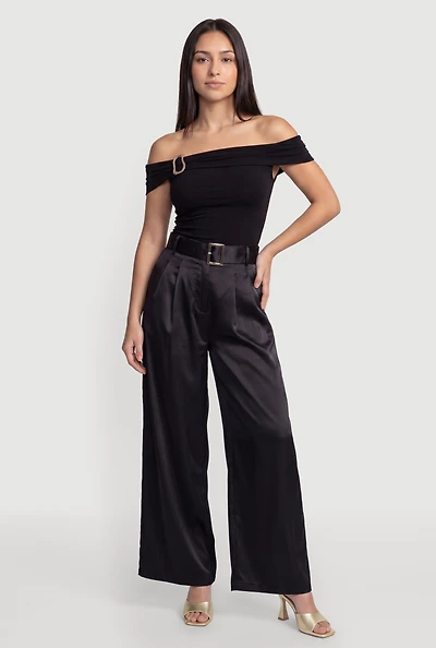 Satin Pleated High Waisted Wide Leg Dress Pants with Belt