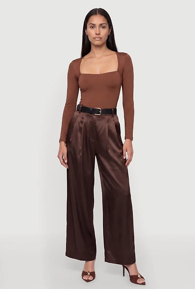 Satin Pleated High Waisted Wide Leg Dress Pants with Belt
