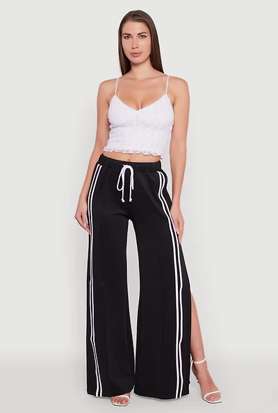 Womens Varsity Stripe Side Slit Pintuck Wide Leg Pants,