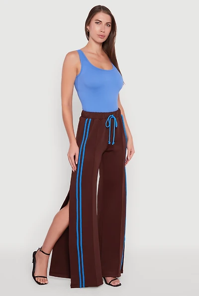 Womens Varsity Stripe Side Slit Pintuck Wide Leg Pants,