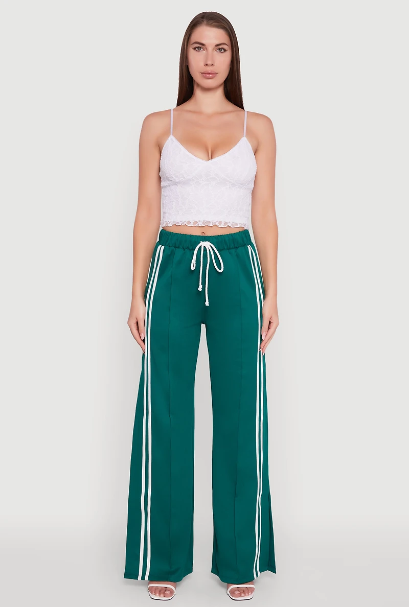 Varsity Stripe Side Slit Pintuck Wide Leg Pants